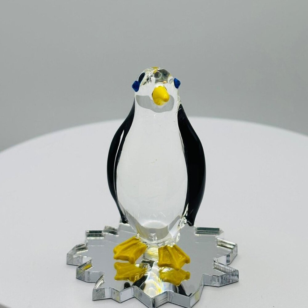 Glass Penguin Figurine Ice Base Handcrafted Mini Winter Decor